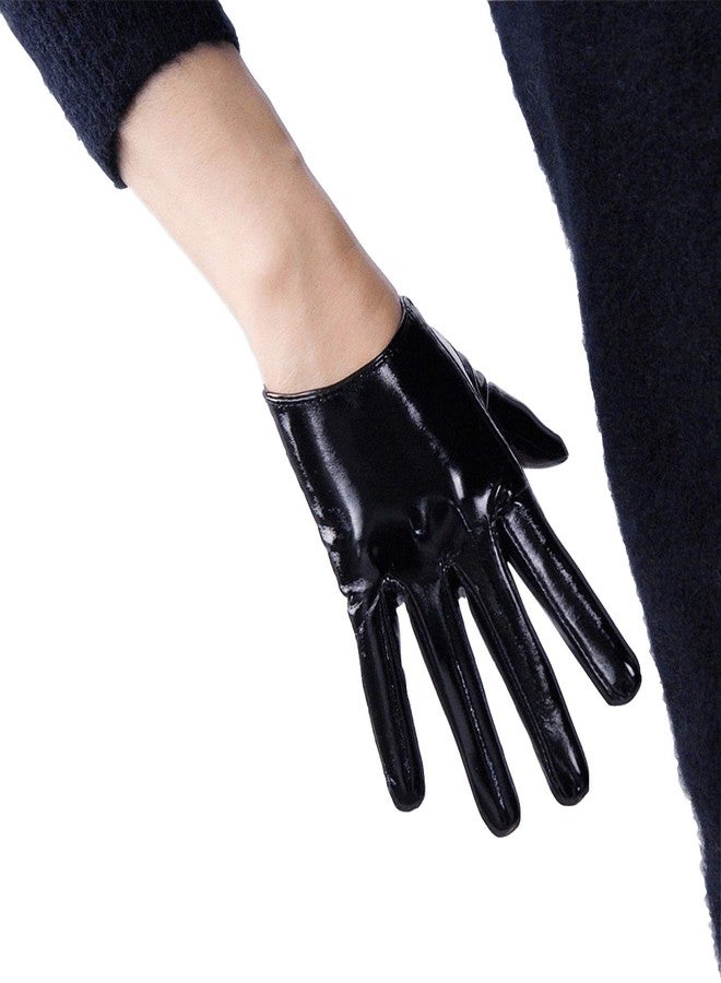 DooWay Black Latex Women Short Gloves 6" 16cm Shine PU Leather Faux Patent Everyday Fashion Warm Gloves - Image 2
